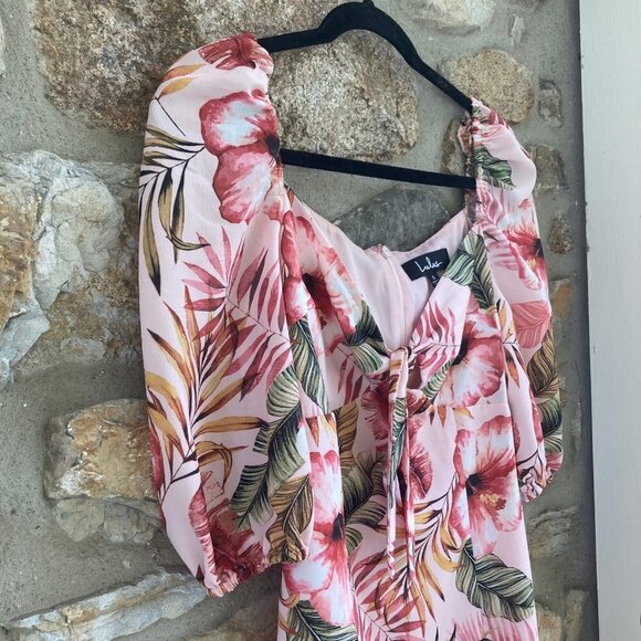 NWT LuLus ZALIKI PINK TROPICAL PRINT TIE-FRONT PUFF SLEEVE MINI DRESS Blush Smal - Picture 7 of 12